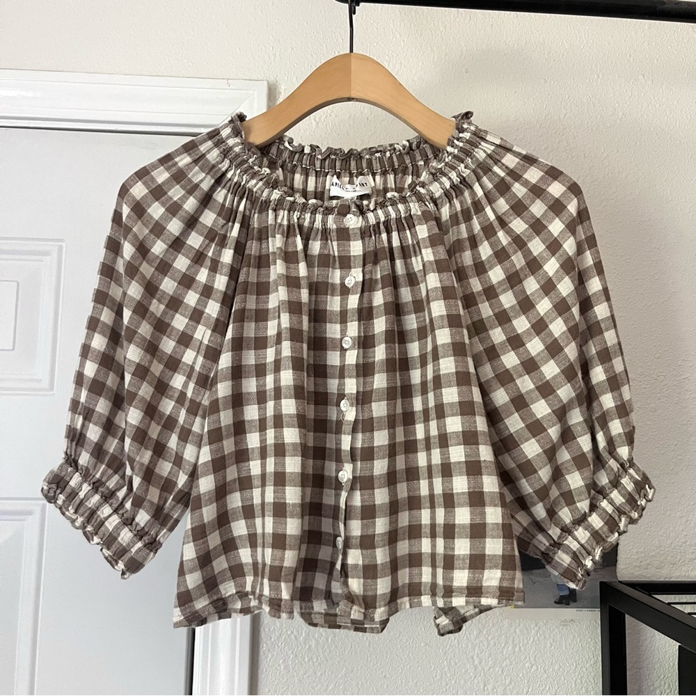 Apiece Apart Brown Gingham Puff Sleeve Blouse